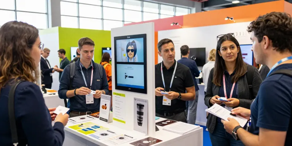 Expositores engage in discussions at an expo, showcasing innovative products and networking.
