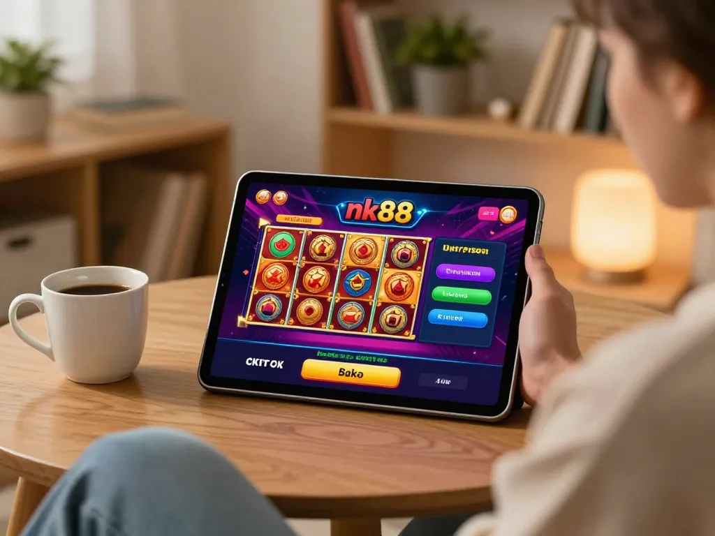 Engaging with nk88 online casino at home, showcasing a tablet gaming scene.