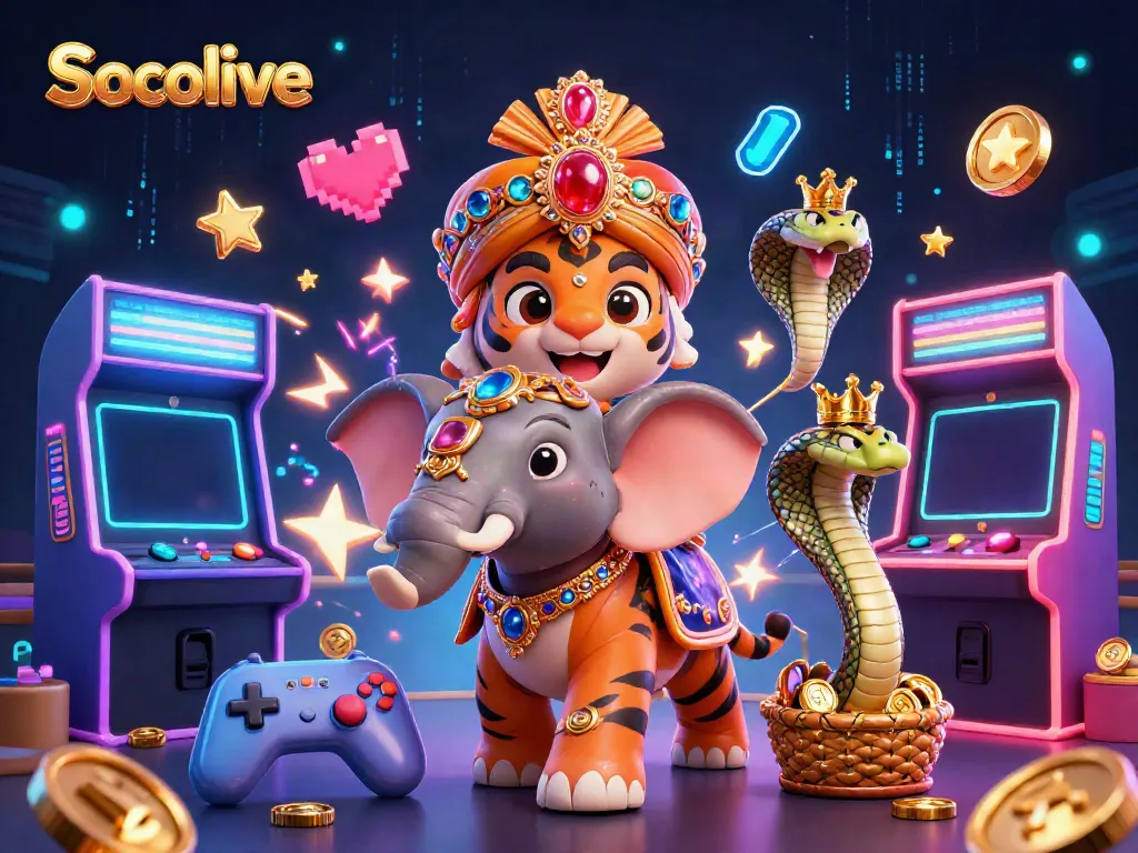 Experience live Socolive streaming with a vibrant illustration of a maharaja tiger and its elephant amidst dynamic gaming elements.