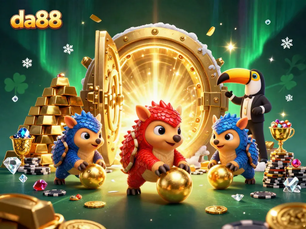 Experience thrilling action with da88 as rival pangolins roll into golden balls amidst poker chips and treasures.