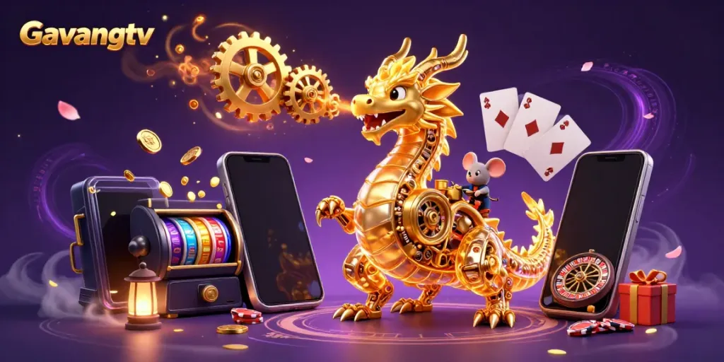 Experience winning moments with Gavangtv in a fantastical casino setting featuring a golden dragon.