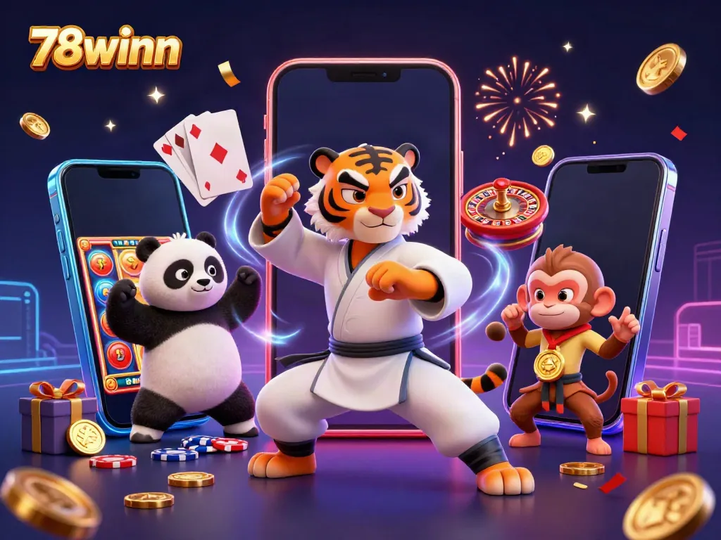 Capture the excitement of 78winn with colorful gambling characters in a festive atmosphere.