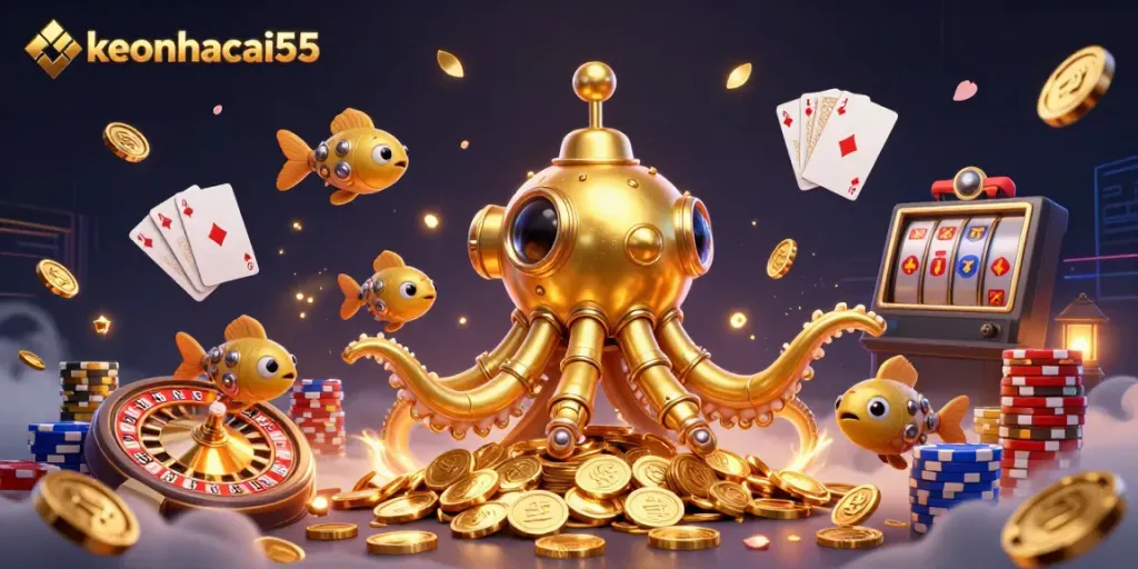 Experience the thrill of betting with keonhacai55 as the golden kraken submarine explores treasure in a vibrant casino atmosphere.