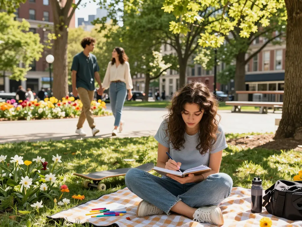 Young woman in city park writing about her crush on a sunny day surrounded by nature.