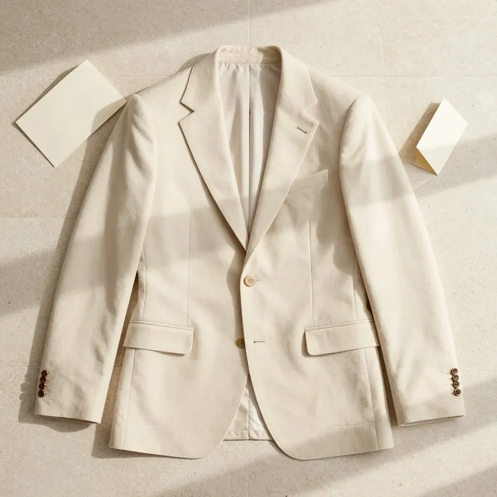 Flatlay aéreo de blazer creme com peças de alfaiataria sobre pedra clara.