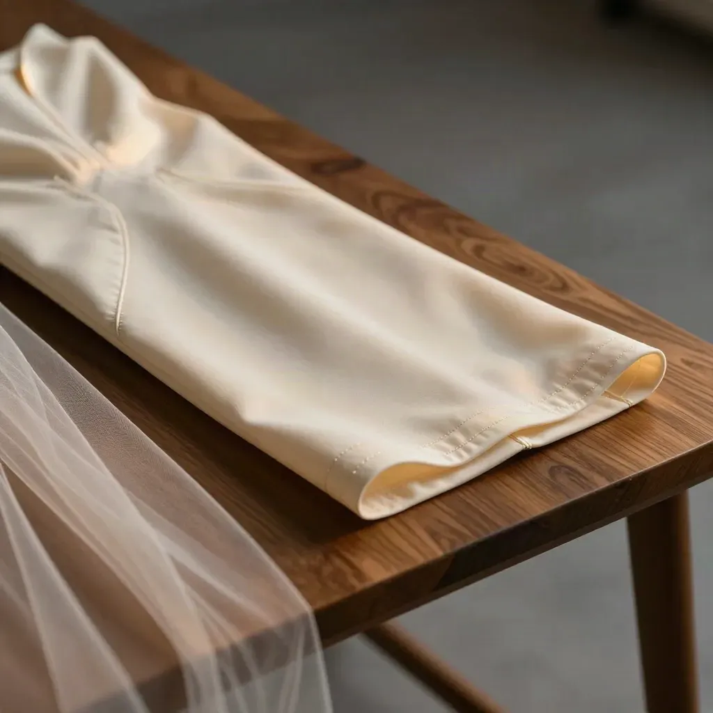 Macro de vestido de crepe pérola com tule e costura afiada sobre bancada de alfaiataria.