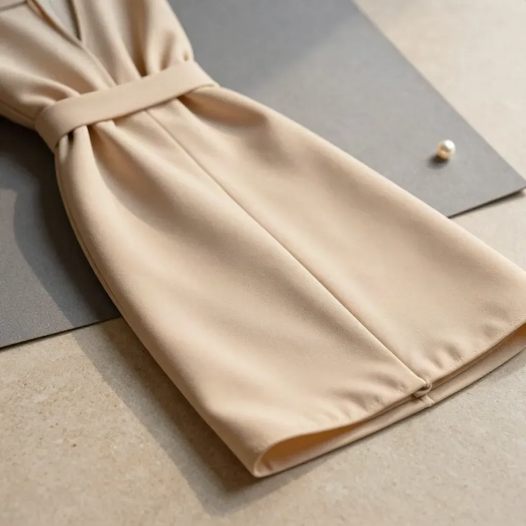 Macro de vestido em crepe champagne com cintura marcada e barra apoiada em tecido cinza.