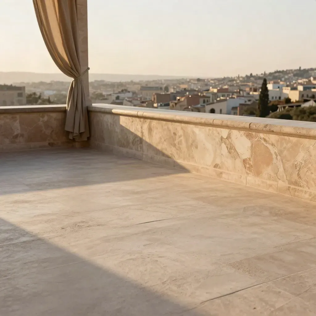 Terraço claro ao pôr do sol com linho, parapeito de pedra e cidade distante desfocada.