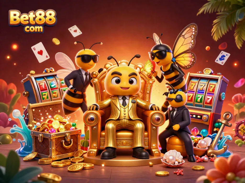 Experience thrilling slots with Bet88 com in a vibrant, ultra-detailed 3D casino illustration.