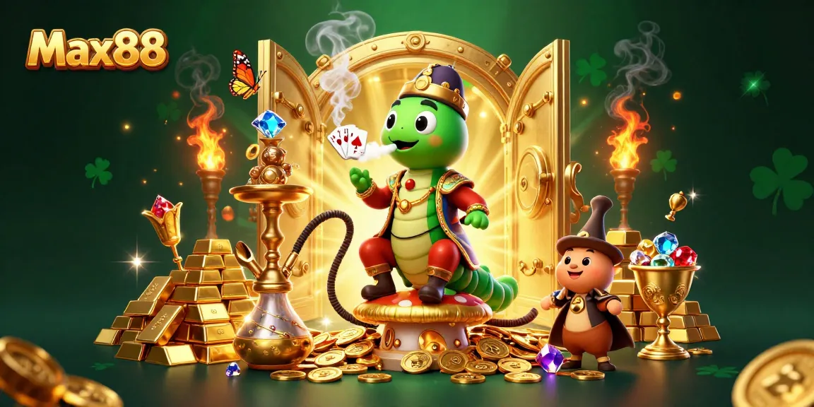 Max88 showcases a vibrant 3D illustration of a casino scene with a caterpillar master and gold elements.