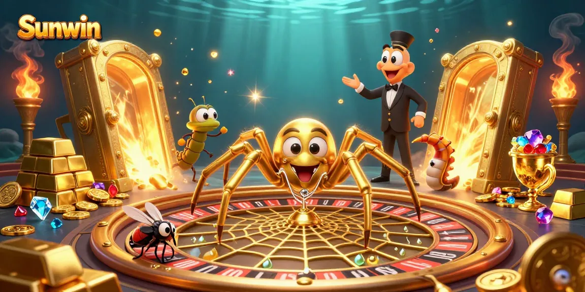 Sunwin offers a thrilling casino experience with vibrant characters and golden treasures in this immersive illustration.