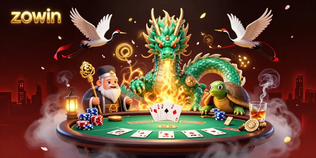 Engage with the vibrant gameplay at Zowin, featuring a massive dragon, poker elements, and classic casino ambiance.