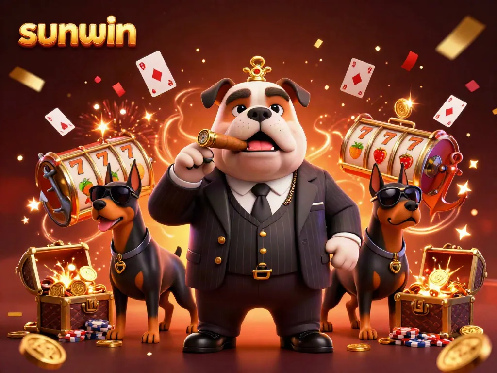 Experience thrilling gameplay with sunwin in a vibrant casino scene, featuring a animated mafia bulldog and vines of gold.