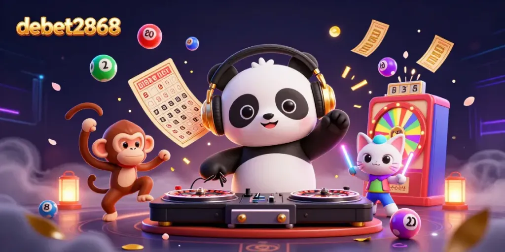 Spinning roulette wheels and lively characters celebrate gaming at debet2868 in a vibrant 3D scene.