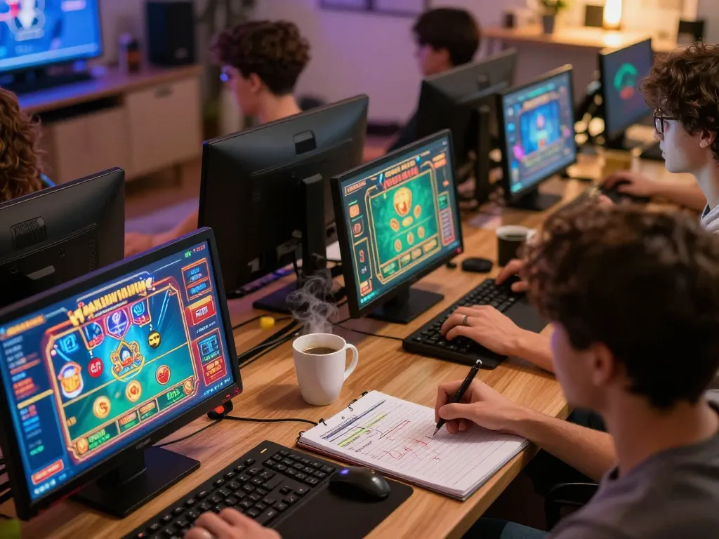 Players engaging with Sunwin gaming interface in a vibrant home setting with strategy notes.