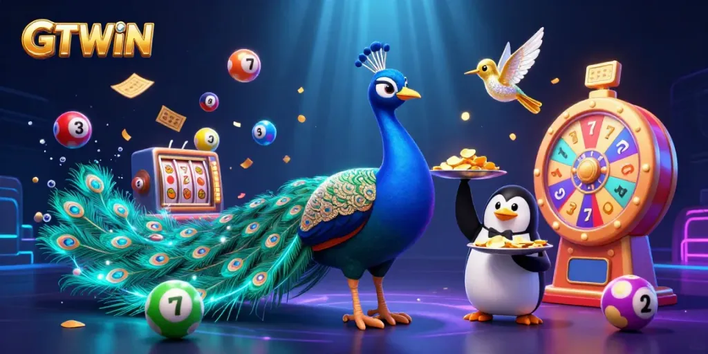 Experience the thrill of GTWIN with a vibrant casino scene featuring a peacock and penguin amidst dynamic slot reels and lottery balls.