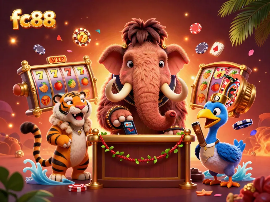 Experience the excitement of fc88 as characters interact over lively casino games.