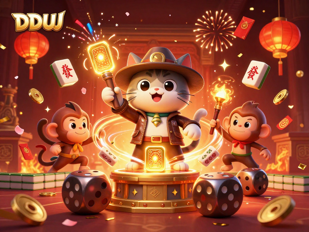Experience thrilling slots at DDUU, a vibrant 3D casino scene bursting with energy and unique treasures.