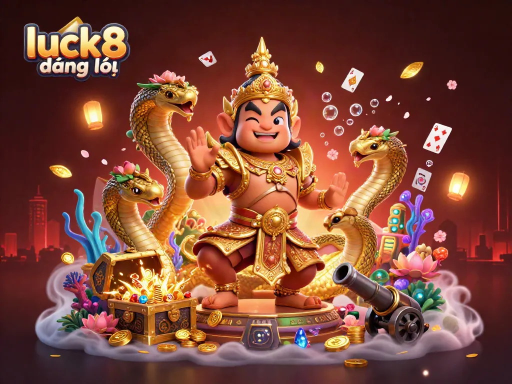 Engage with luck8 đăng nhập through a vibrant 3D casino scene featuring a temple guardian and treasures.