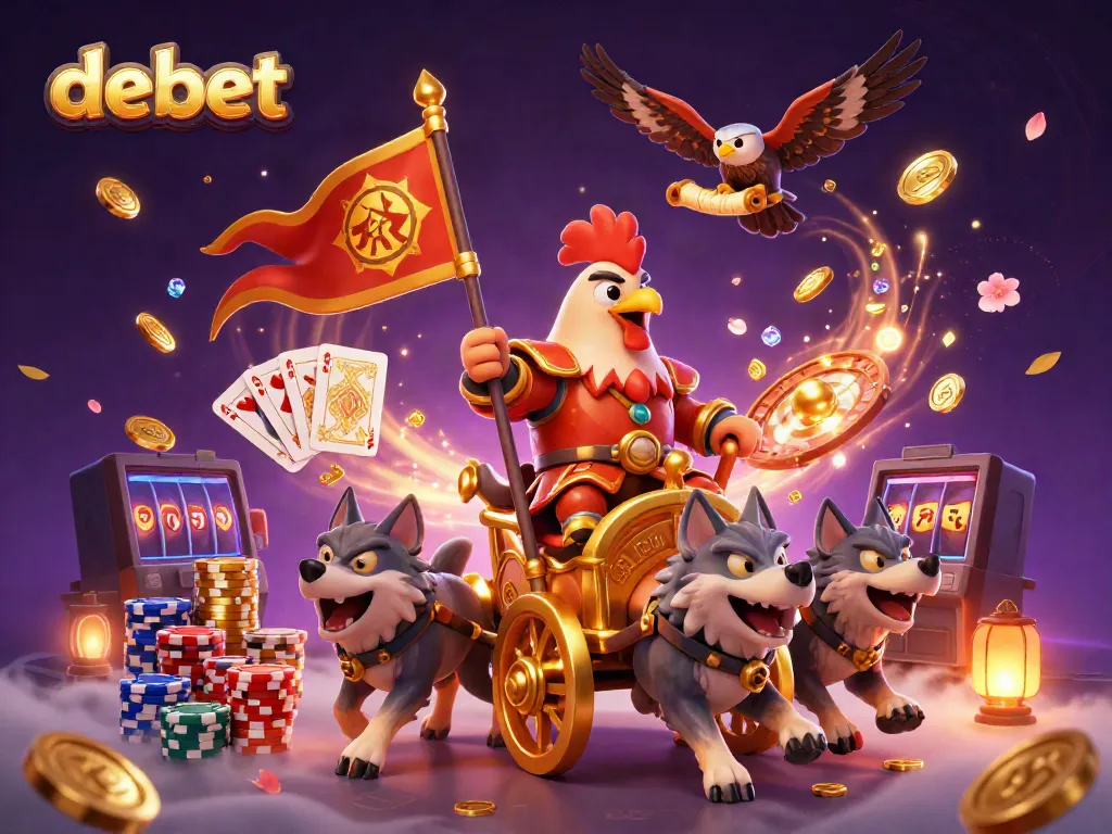 Engage in thrilling casino experiences with Debet, featuring lively gaming symbols and animated characters.