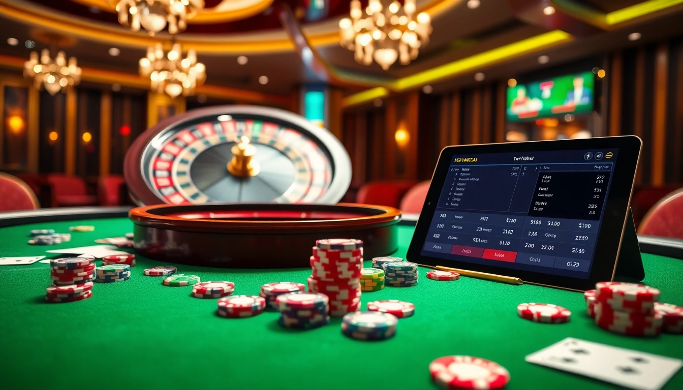 KEO NHACAI displayed on a tablet with poker chips and a roulette wheel in a vibrant casino setting.