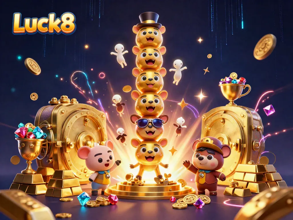 Experience the thrill of Luck8 with a vibrant 3D casino scene featuring a golden totem and treasure.