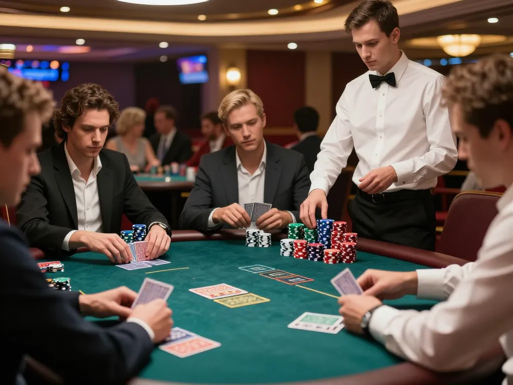 Cena de cassino AAVIP mostrando jogadores estrategizando em um jogo de poker de alto risco repleto de emoção e escolhas.