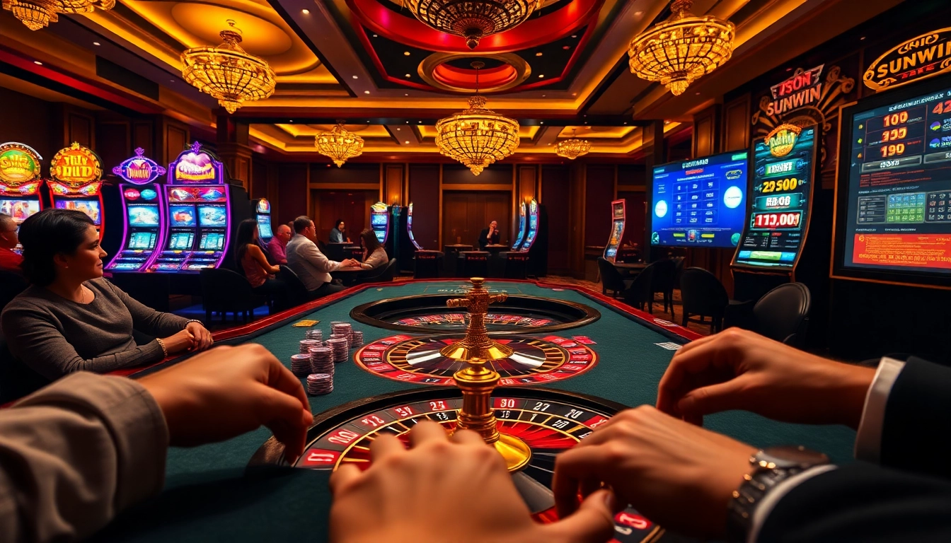 Experience the thrill of sunwin with players at a vibrant poker table and roulette wheel.