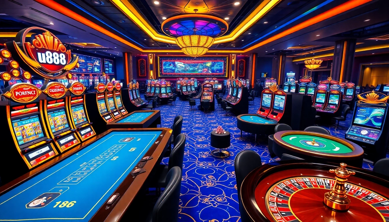 Engage with the thrilling games at u888's luxurious casino, featuring vibrant slots and betting tables.