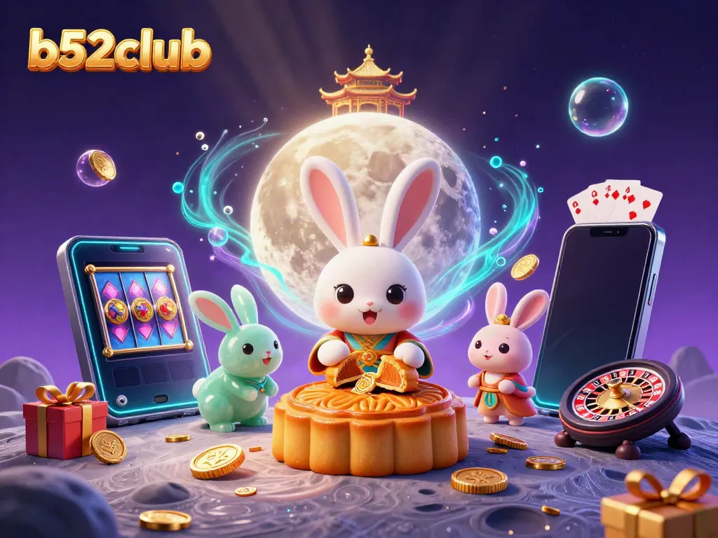 B52club showcases an enchanting scene with a moon rabbit creating golden mooncakes filled with poker chips amidst a vibrant casino backdrop.