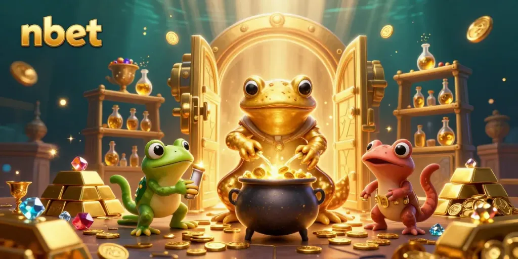 Experience the vibrant world of nbet's online gaming with a bustling scene of alchemy and treasures.