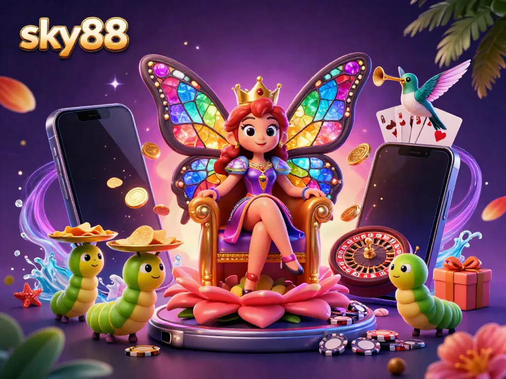 Engage with exciting skyline gaming at sky88, featuring vibrant casino scenes and enchanting characters.
