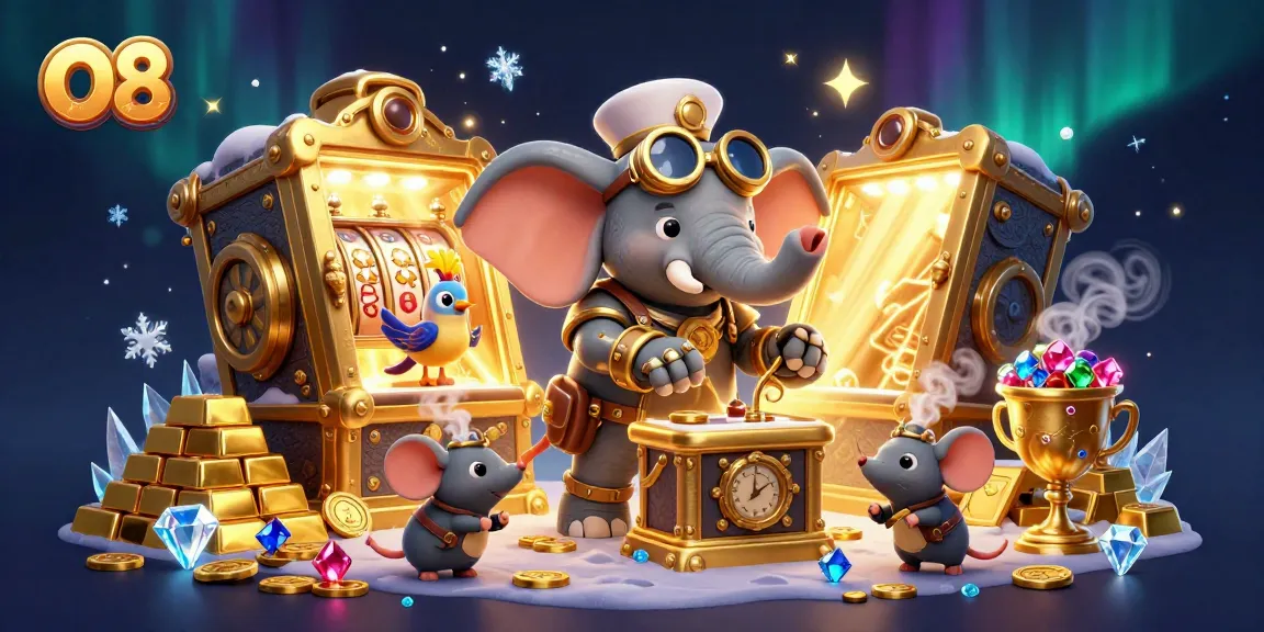 Spin the golden slot machine at O8 with steampunk characters in a vibrant casino scene.