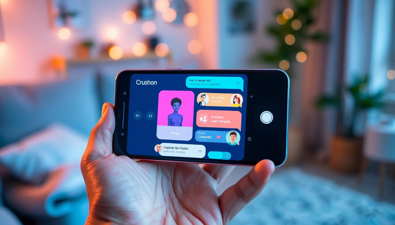 Engaging smartphone interface of Crushon AI showcasing customizable chat features and vibrant colors.