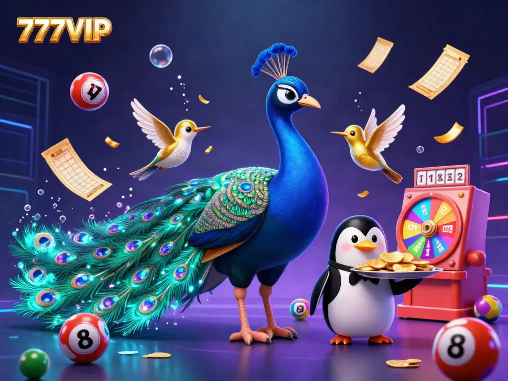 Join the excitement at 777VIP as a peacock and penguin delight in a vibrant gaming atmosphere.