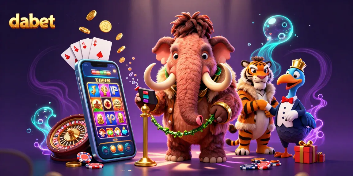 Dabet casino scene with a woolly mammoth bouncer, saber-tooth tiger guest, and vivid gaming elements.