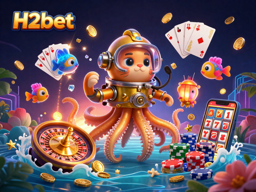 Experience H2bet's oceanic adventure featuring a kraken, diving cat, and casino elements.