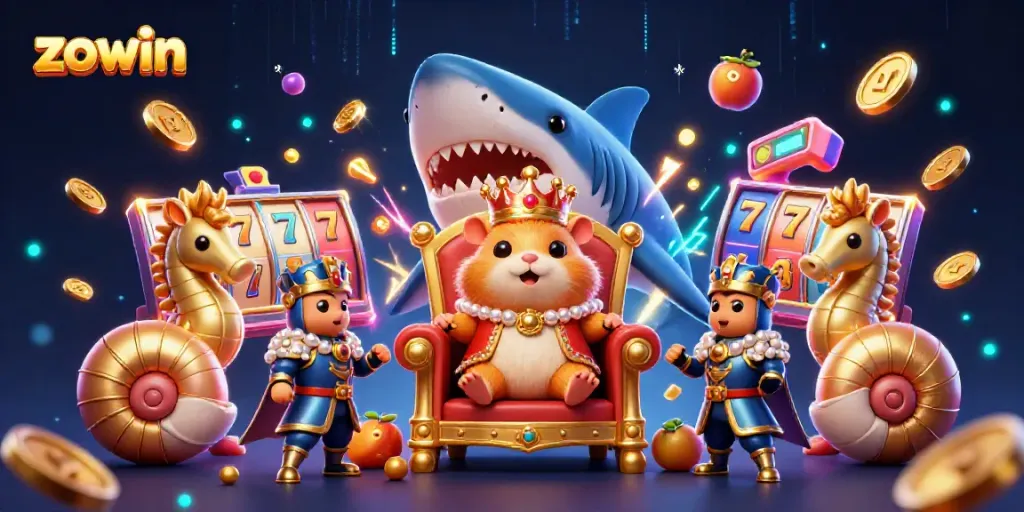 Play thrilling slot games at Zowin, featuring a cartoon king and vibrant casino elements in 3D.