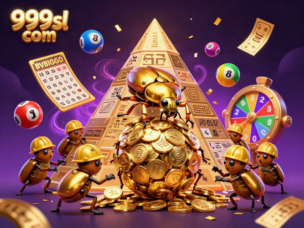 Engage in 999sl com's vibrant gaming world with colorful lottery elements and golden treasures.