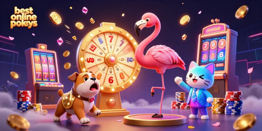 Exciting scene showcasing the best online pokies featuring a flamingo host, bulldog contestant, and winning moments