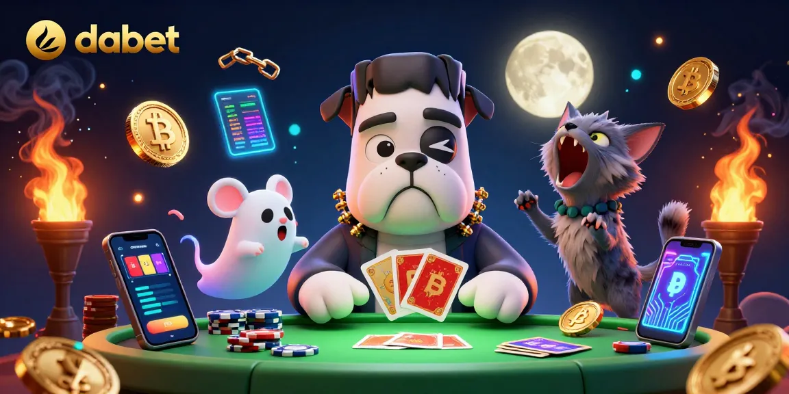 dabet casino scene with Frankenstein bulldog and ghost mouse showcasing crypto elements in vibrant illustration