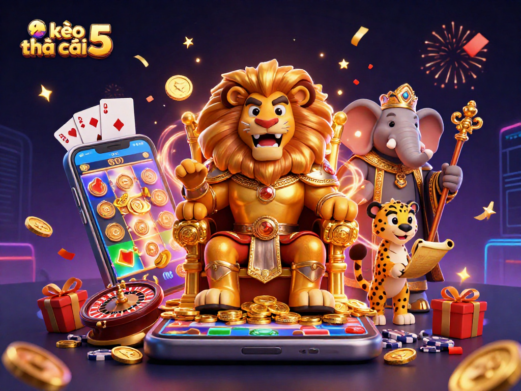 Engage with kèo nhà cái 5 in this vibrant casino scene featuring a lion king and colorful games.