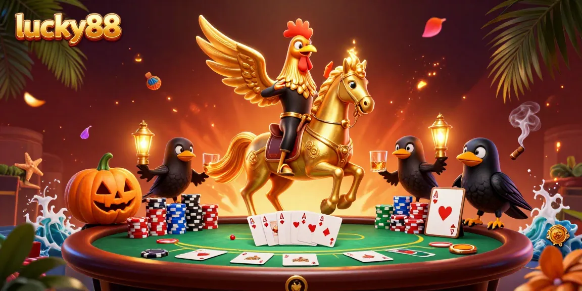 Lucky88 showcases thrilling casino dynamics with a golden rooster riding a spectral horse in a vibrant midnight scene.