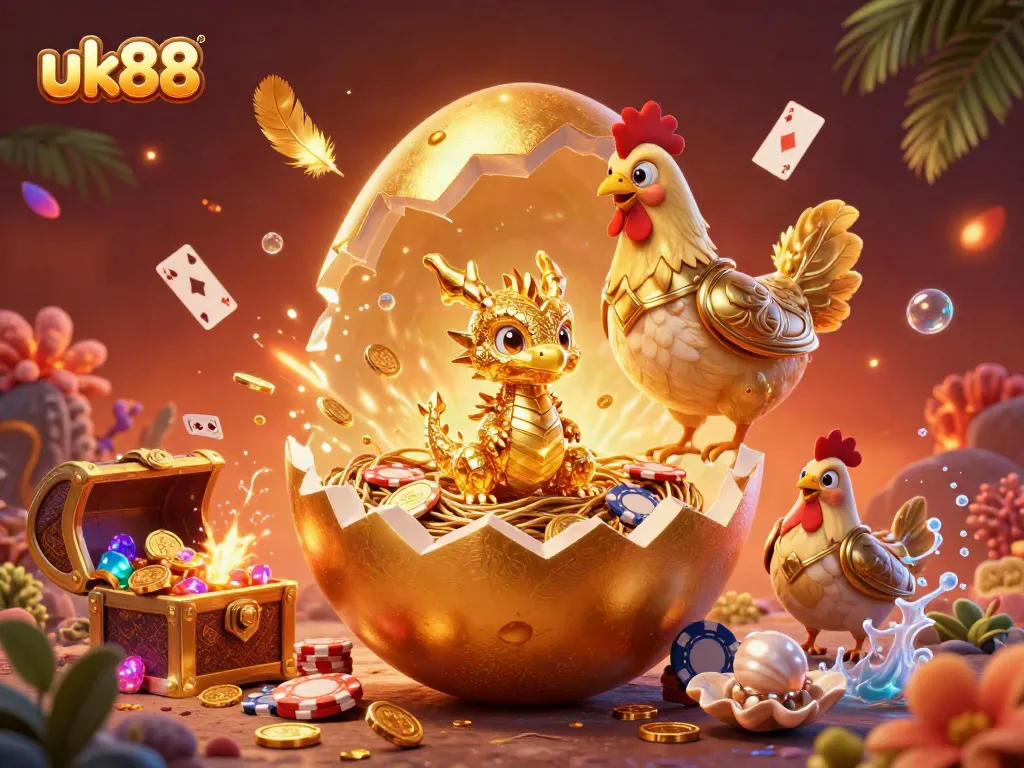 Experience thrilling wins at uk88 with a golden dragon guarding poker chips in a rich casino-themed scene.