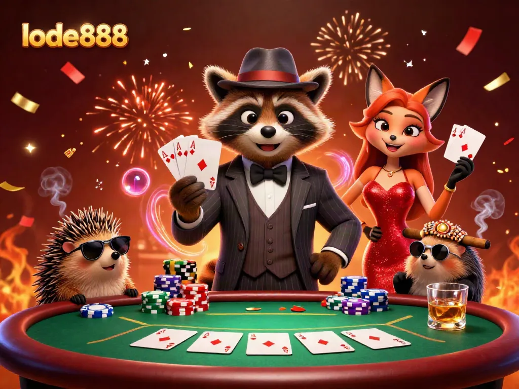 Engage in the vibrant world of lode888 with characters around a dynamic poker table, celebrating wins.