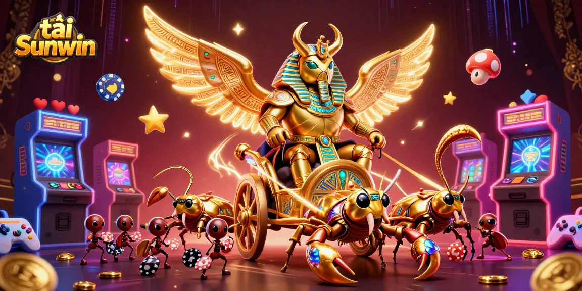 Engage in gaming excitement with tải Sunwin, featuring a dynamic casino scene of golden beetles and poker chips.