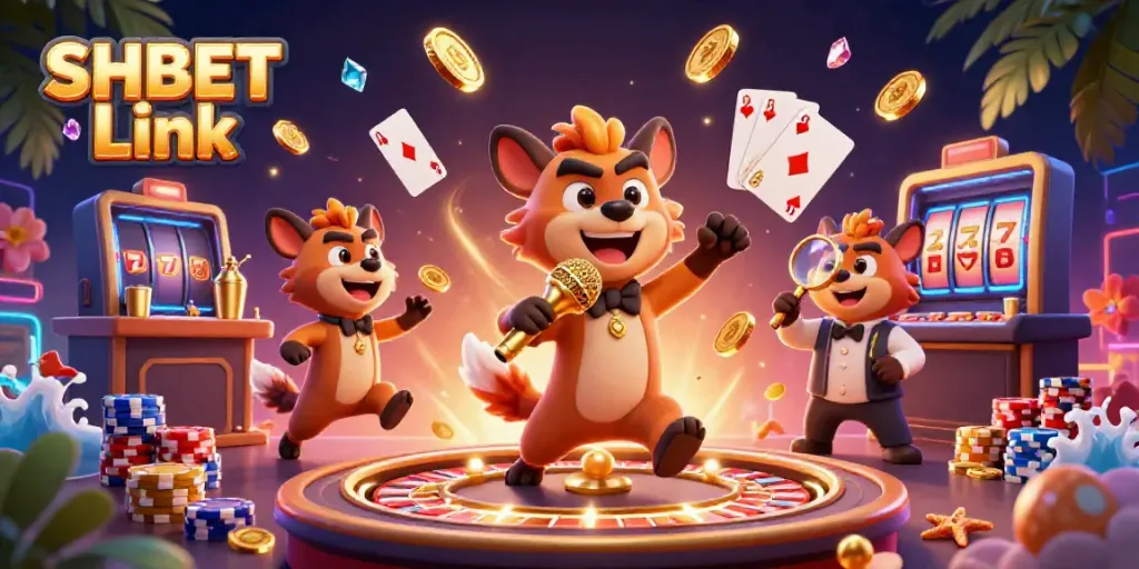 Engage with SHBET Link for a colorful comedy casino scene featuring hyenas in action.