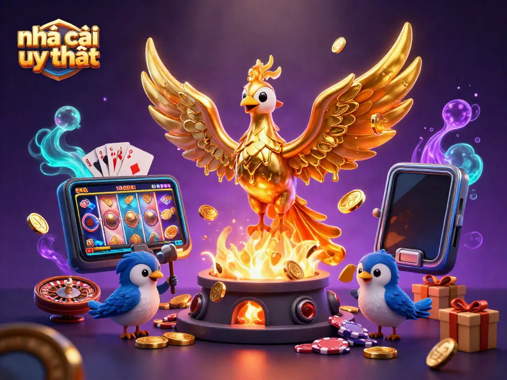 Experience excitement with nhà cái uy tín showcased by a phoenix and gaming elements in a vibrant 3D illustration.