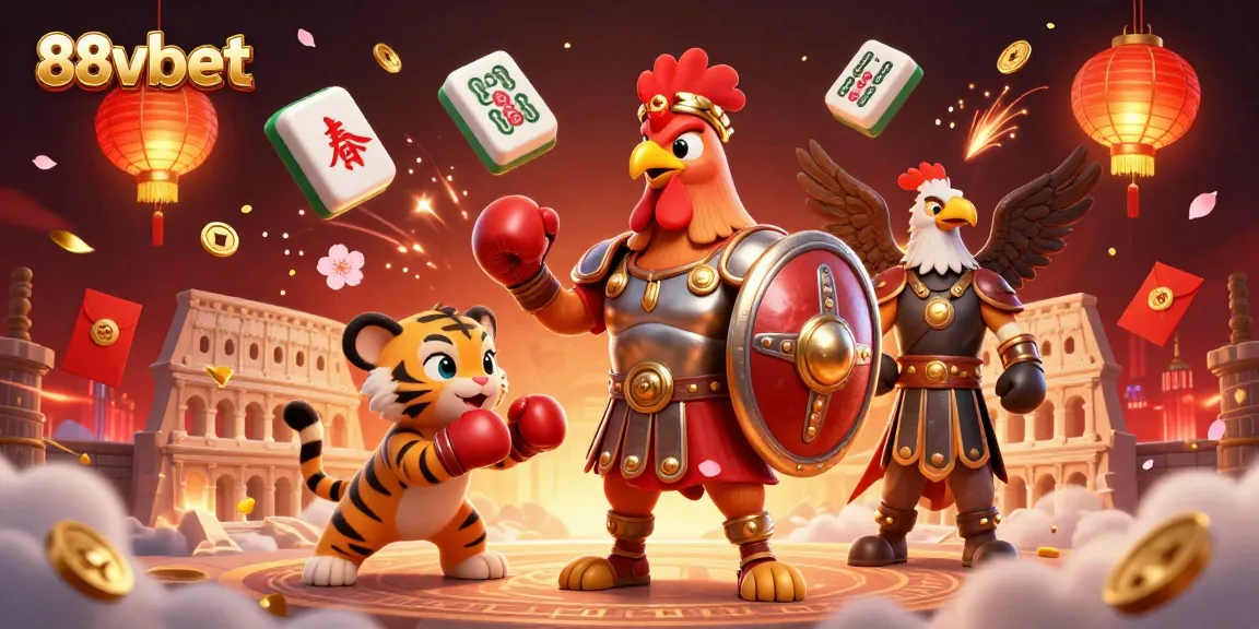 Experience 88vbet's thrilling casino action with a gladiator rooster and tiger cub in a vibrant arena.