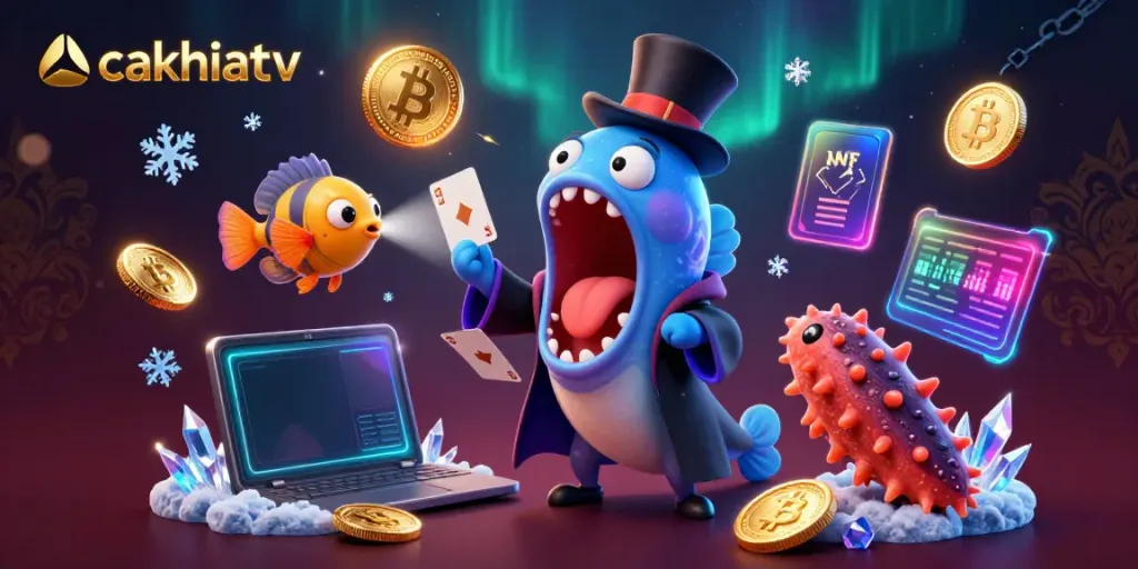 Experience thrilling casino action with cakhiatv's deep-sea creatures performing magic tricks amidst glowing digital elements.
